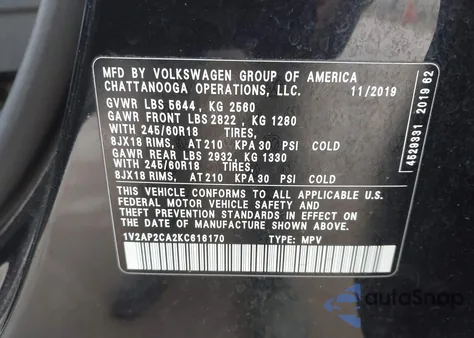 2019 Volkswagen Atlas 2.0T S z USA, uszkodzony, nr VIN 1V2AP2CA2KC616170
